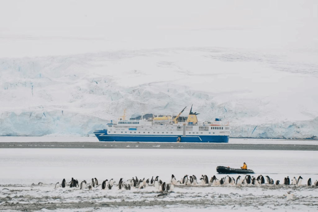 Small expedition cruise ship near Antarctic glacier with penguins in foreground