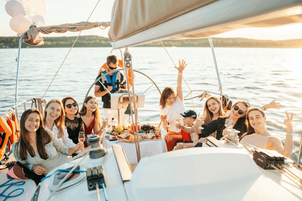 Group of friends celebrating on a yacht at sunset with food, drinks, and ocean views