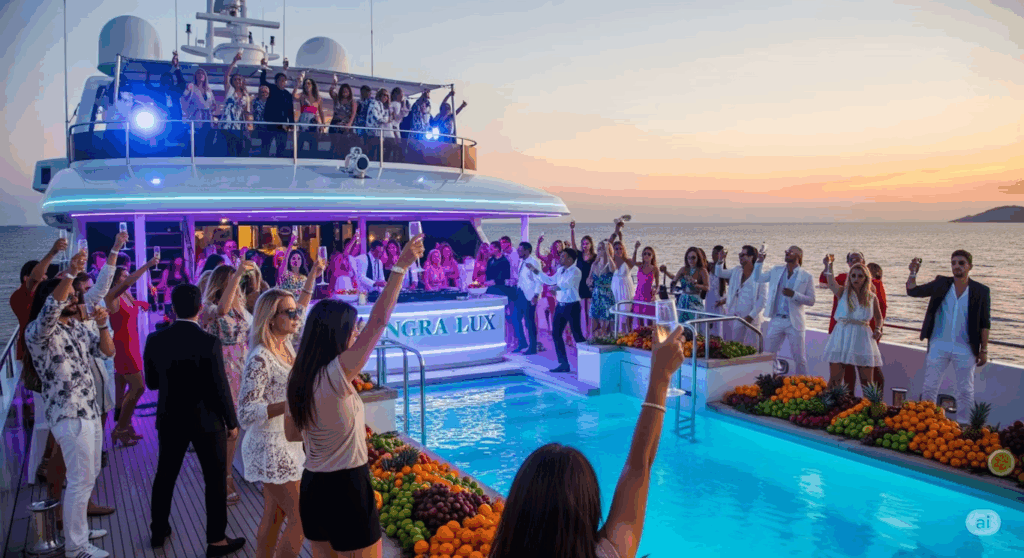 Guests celebrating on a luxury themed cruise at sunset