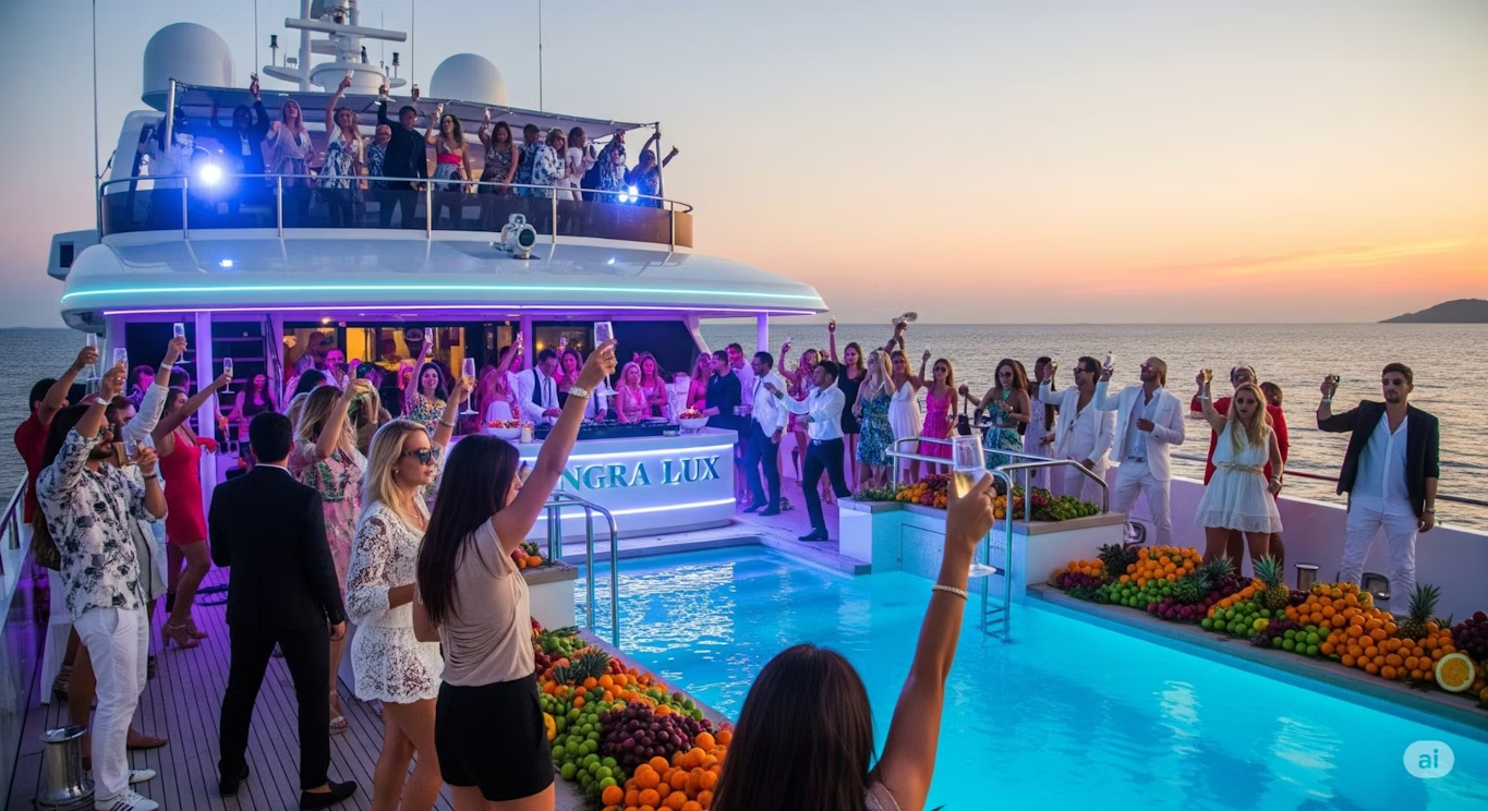 Guests celebrating on a luxury themed cruise at sunset