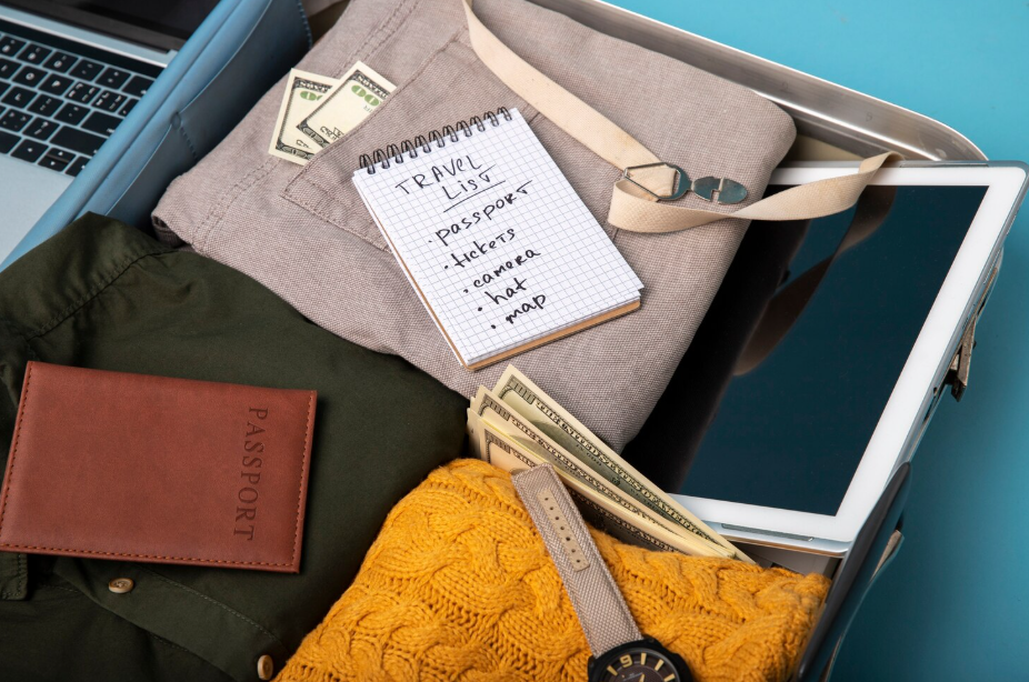 Flat lay of essential travel items including passport, cash, notebook travel list, clothes, and tablet packed for a cruise vacation