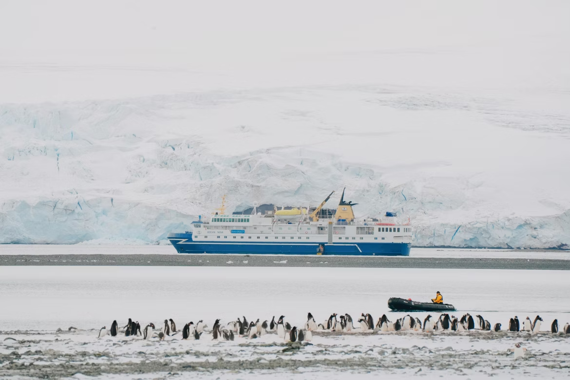 Small expedition cruise ship near Antarctic glacier with penguins in foreground